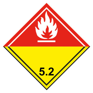 Gefahrzettel, Gefahrgutaufkleber Klasse 5.2 Organische Peroxide, Flamme Weiß, mit durchgehender Kontrastlinie unten