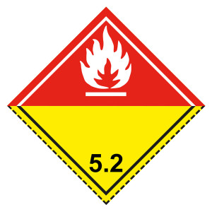 Gefahrzettel, Gefahrgutaufkleber Klasse 5.2 Organische Peroxide, Flamme Weiß, mit gestrichelter Kontrastlinie unten