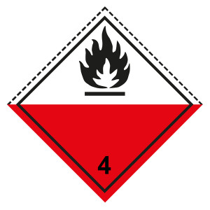 Gefahrzettel, Gefahrgutaufkleber Klasse 4.2 Selbstentzündliche Stoffe, Flamme Schwarz mit gestrichelter Kontrastlinie oben