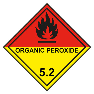 Gefahrzettel, Gefahrgutaufkleber Klasse 5.2 Organische Peroxide, Flamme Schwarz mit Zusatztext ORGANIC PEROXIDE, mit durchgehender Kontrastlinie