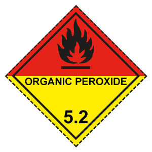 Gefahrzettel, Gefahrgutaufkleber Klasse 5.2 Organische Peroxide, Flamme Schwarz mit Zusatztext ORGANIC PEROXIDE, mit gestrichelter Kontrastlinie