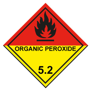 Gefahrzettel, Gefahrgutaufkleber Klasse 5.2 Organische Peroxide, Flamme Schwarz mit Zusatztext ORGANIC PEROXIDE, mit durchgehender Kontrastlinie unten