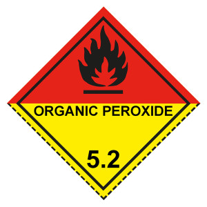 Gefahrzettel, Gefahrgutaufkleber Klasse 5.2 Organische Peroxide, Flamme Schwarz mit Zusatztext ORGANIC PEROXIDE, mit gestrichelter Kontrastlinie unten