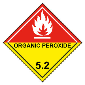 Gefahrzettel, Gefahrgutaufkleber Klasse 5.2 Organische Peroxide, Flamme Weiß mit Zusatztext ORGANIC PEROXIDE, mit gestrichelter Kontrastlinie