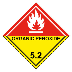 Gefahrzettel, Gefahrgutaufkleber Klasse 5.2 Organische Peroxide, Flamme Weiß mit Zusatztext ORGANIC PEROXIDE, mit gestrichelter Kontrastlinie unten