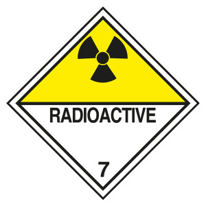 Gefahrzettel, Gefahrgutaufkleber Klasse 7D Radioaktive Stoffe, Strahlensymbol Schwarz mit Zusatztext RADIOACTIVE, mit durchgehender Kontrastlinie