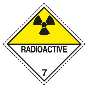 Gefahrzettel, Gefahrgutaufkleber Klasse 7D Radioaktive Stoffe, Strahlensymbol Schwarz mit Zusatztext RADIOACTIVE, mit gestrichelter Kontrastlinie