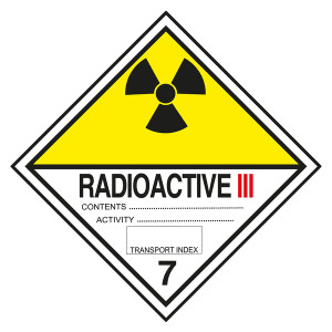 Gefahrzettel, Gefahrgutaufkleber Klasse 7C Radioaktive Stoffe, Strahlensymbol Schwarz mit Zusatztext RADIOACTIVE III, mit durchgehender Kontrastlinie