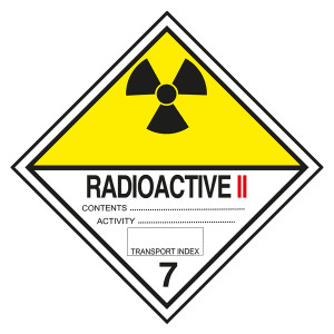 Gefahrzettel, Gefahrgutaufkleber Klasse 7B Radioaktive Stoffe, Strahlensymbol Schwarz mit Zusatztext RADIOACTIVE II, mit durchgehender Kontrastlinie