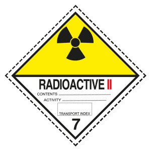 Gefahrzettel, Gefahrgutaufkleber Klasse 7B Radioaktive Stoffe, Strahlensymbol Schwarz mit Zusatztext RADIOACTIVE II, mit gestrichelter Kontrastlinie