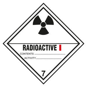 Gefahrzettel, Gefahrgutaufkleber Klasse 7A Radioaktive Stoffe, Strahlensymbol Schwarz mit Zusatztext RADIOACTIVE I, mit durchgehender Kontrastlinie