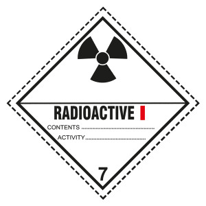 Gefahrzettel, Gefahrgutaufkleber Klasse 7A Radioaktive Stoffe, Strahlensymbol Schwarz mit Zusatztext RADIOACTIVE I, mit gestrichelter Kontrastlinie