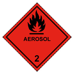 Gefahrzettel, Gefahrgutaufkleber Klasse 2.1 Entzündbare Gase mit Zusatztext AEROSOL, Flamme Schwarz mit gestrichelter Kontrastlinie
