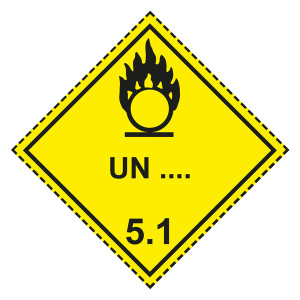 Gefahrzettel, Gefahrgutaufkleber Klasse 5.1 Entzündend (oxidierend) wirkende Stoffe mit Eindruck UN-Nummer, Flamme über einem Kreis Schwarz, mit gestr