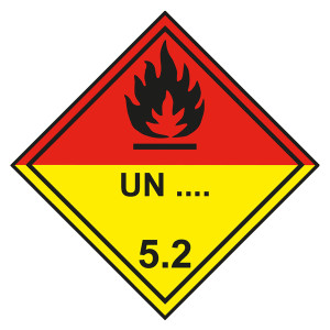 Gefahrzettel, Gefahrgutaufkleber Klasse 5.2 Organische Peroxide mit Eindruck UN-Nummer, Flamme Schwarz, mit durchgehender Kontrastlinie