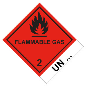 Gefahrzettel Gefahrgutaufkleber Klasse 2.1 Entzündbare Gase mit Zusatztext FLAMMABLE GAS mit Eindruck UN-Nummer Flamme Schwarz