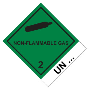 Gefahrzettel Gefahrgutaufkleber Klasse 2.2 Nicht entzündbare, nicht giftige Gase mit Zusatztext NON-FLAMMABLE-GAS mit Eindruck UN-Nummer Gasflasche Sc