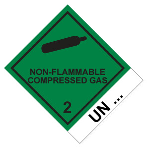 Gefahrzettel Gefahrgutaufkleber Klasse 2.2 Nicht entzündbare, nicht giftige Gase mit Zusatztext NON-FLAMMABLE COMPRESSED GAS mit Eindruck UN-Nummer Ga