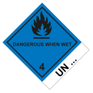 Gefahrzettel Gefahrgutaufkleber Klasse 4.3 Stoffe, die mit Wasser entzündliche Gase bilden mit Zusatztext DANGEROUS WHEN WET mit Eindruck UN-Nummer Fl