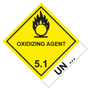 Gefahrzettel Gefahrgutaufkleber Klasse 5.1 Entzündend (oxidierend) wirkende Stoffe mit Zusatztext OXIDIZING AGENT mit Eindruck UN-Nummer Flamme über e