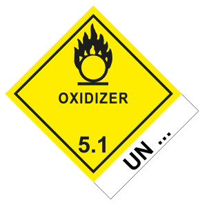Gefahrzettel Gefahrgutaufkleber Klasse 5.1 Entzündend (oxidierend) wirkende Stoffe mit Zusatztext OXIDIZER mit Eindruck UN-Nummer Flamme über einem Kr