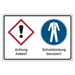 Gebotsschild Asbest, Symbol GHS07 Ausrufezeichen, Schutzkleidung benutzen