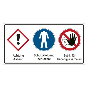 Hinweisschild Asbest, Symbol GHS07 Ausrufezeichen, Schutzkleidung benutzen, Zutritt verboten