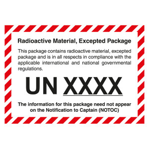 Gefahrzettel Radioactive Material, Excepted Package, mit Eindruck UN-Nummer