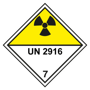 Gefahrzettel, Gefahrgutaufkleber Klasse 7D Radioaktive Stoffe mit UN 2916, Strahlensymbol Schwarz, mit durchgehender Kontrastlinie, Magnetfolie, 100 x