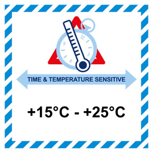 Gefahrzettel, Time And Temperature Sensitive, +15°C - +25°C, Folie, 100 x 100 mm, 500 Stück/Rolle