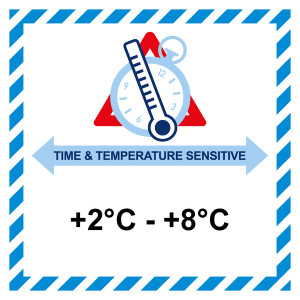 Gefahrzettel, Time And Temperature Sensitive, +2°C - +8°C, Folie, 100 x 100 mm, 500 Stück/Rolle