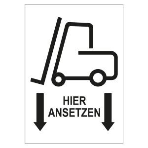 Verpackungskennzeichen Gabelstapler hier ansetzen, Weiß