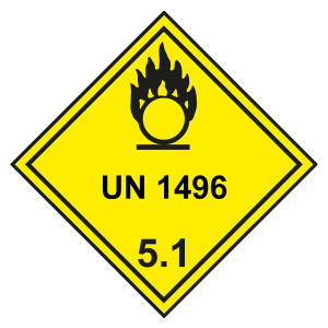 Gefahrzettel, Gefahrgutaufkleber Klasse 5.1 Entzündend (oxidierend) wirkende Stoffe mit UN 1496, Flamme über einem Kreis Schwarz, mit durchgehender Ko