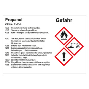 GHS Gefahrstoffetikett Propanol, für interne Verwendung
