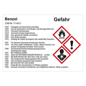GHS Gefahrstoffetikett Benzol, für interne Verwendung