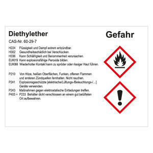 GHS Gefahrstoffetikett Diethylether, für interne Verwendung