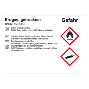 GHS Gefahrstoffetikett Erdgas, getrocknet, für interne Verwendung