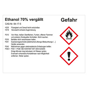 GHS Gefahrstoffetikett Ethanol 70% vergällt, für interne Verwendung