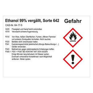 GHS Gefahrstoffetikett Ethanol 99% vergällt, Sorte 642, für interne Verwendung