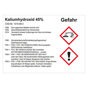 GHS Gefahrstoffetikett Kaliumhydroxid 45%, für interne Verwendung