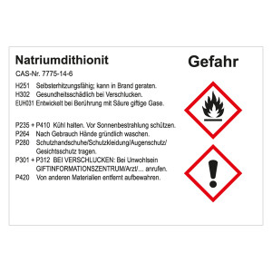 GHS Gefahrstoffetikett Natriumdithionit, für interne Verwendung