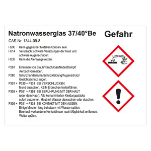 GHS Gefahrstoffetikett Natronwasserglas 37/40 °Be, für interne Verwendung