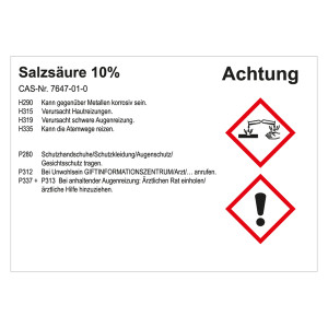 GHS Gefahrstoffetikett Salzsäure 10%, für interne Verwendung