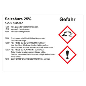 GHS Gefahrstoffetikett Salzsäure 25%, für interne Verwendung