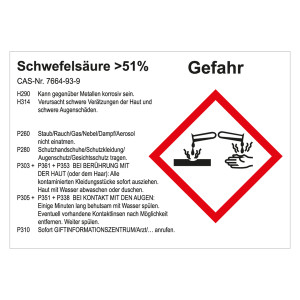 GHS Gefahrstoffetikett Schwefelsäure >51%, für interne Verwendung