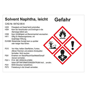 GHS Gefahrstoffetikett Solvent Naphtha, leicht, für interne Verwendung