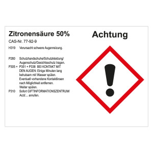 GHS Gefahrstoffetikett Zitronensäure 50%, für interne Verwendung