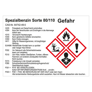 GHS Gefahrstoffetikett Spezialbenzin Sorte 80/110, für interne Verwendung