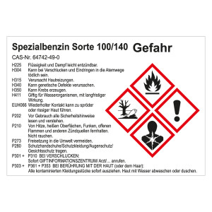 GHS Gefahrstoffetikett Spezialbenzin Sorte 100/140, für interne Verwendung