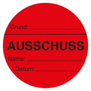 Qualitätsaufkleber Ausschuss, Rot, Ø 60 mm, Rund